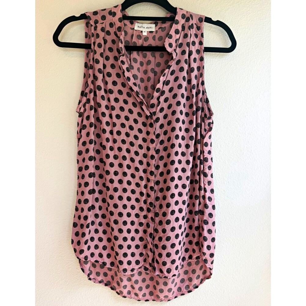 Bella Dahl Women's M Pink/Black Polka Dot Chiffon Rayon V-Neck Blouse Top